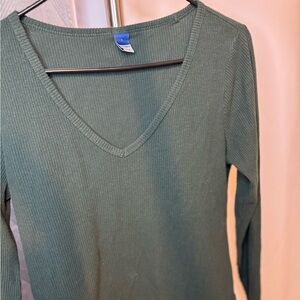 V-Neck Ribbed Long Sleeve Top - Green